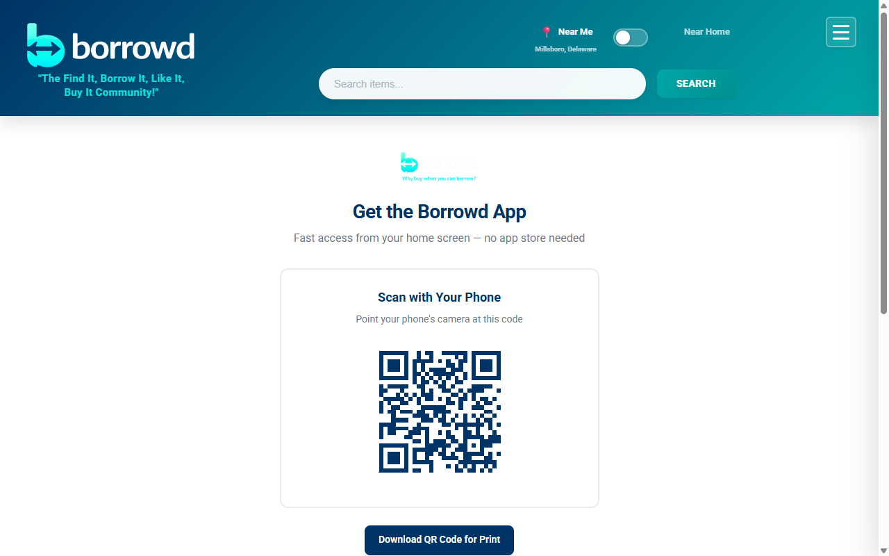 Install page — desktop with QR code